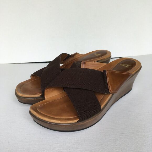 Dansko Sandals Size 41 10.5-11 US Ava Wedge Slide Elastic Cross-Strap Brown/Tan - Picture 1 of 11
